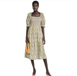 RAHI Milkmaid Midi Yellow Multicolored Ditsy Floral Cottagecore Cotton Dress(M)